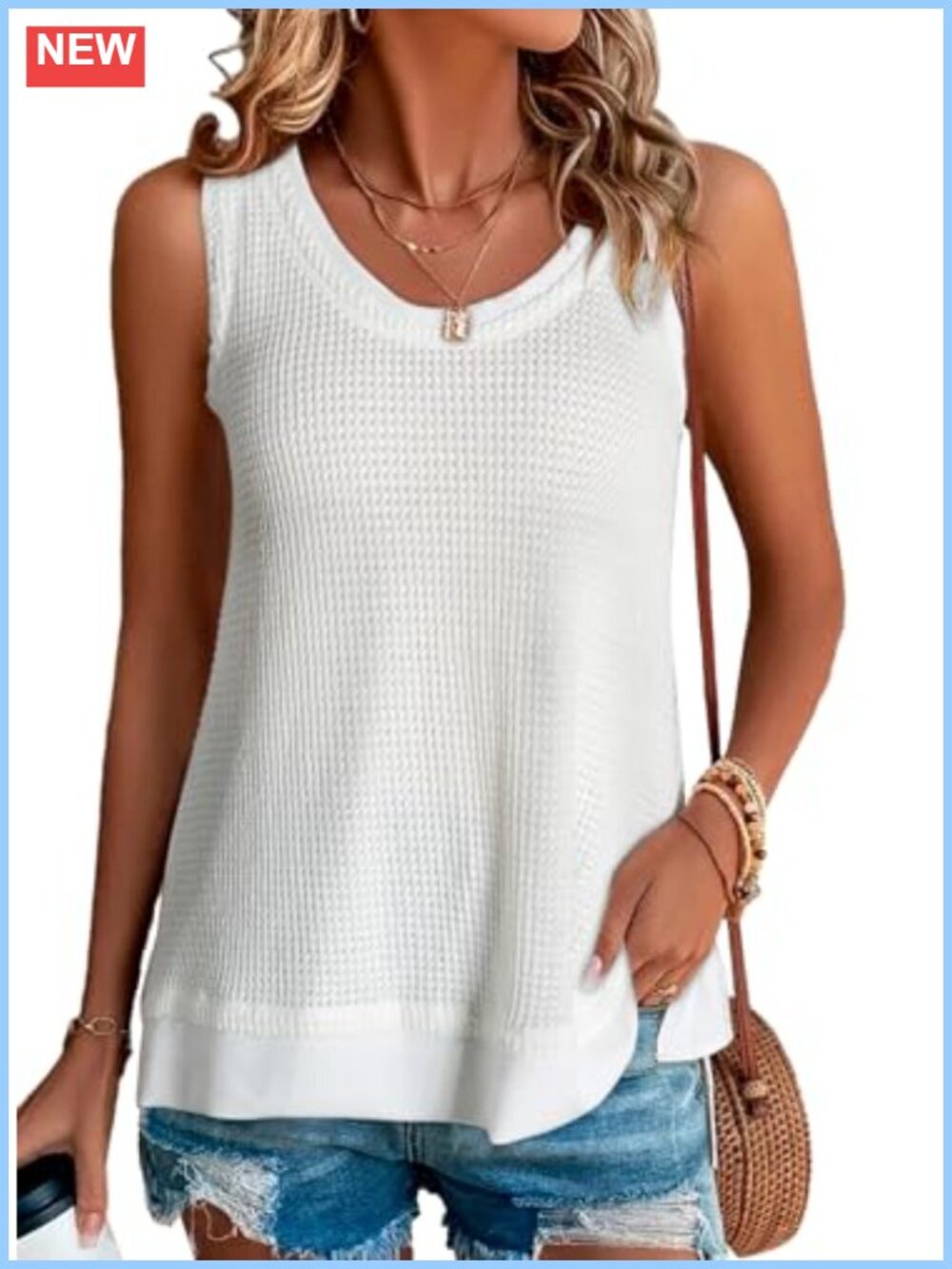 Scoop Neck Waffle Knit Sleeveless Tank Top Casual Summer